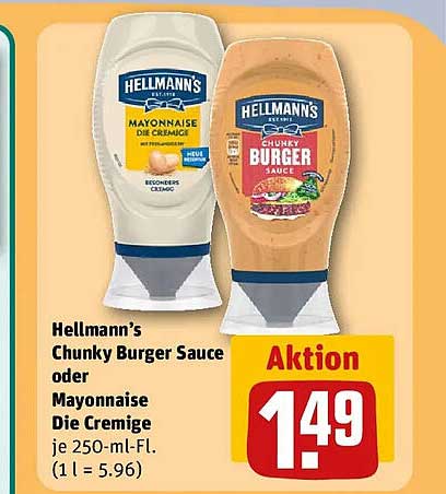 Hellmann’s Chunky Burger Sauce oder Mayonnaise Die Cremige je 250-ml-Fl. (1 l = 5.96)