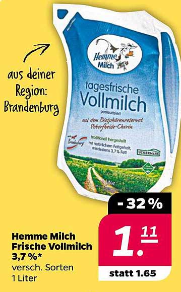 Hemme Milch Frische Vollmilch 3,7 %* versc. Sorten 1 Liter