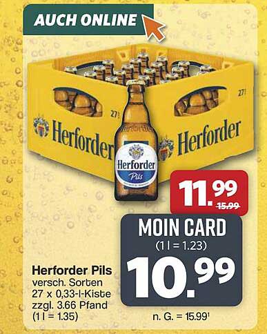Herforder Pils versch. Sorten 27 x 0,33-l-Kiste zzgl. 3,66 Pfand (1 l = 1,35)