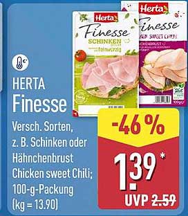 HERTA Finesse Versch. Sorten, z. B. Schinken oder Hähnchenbrust Chicken sweet Chili: 100-g-Packung (kg = 13.90)