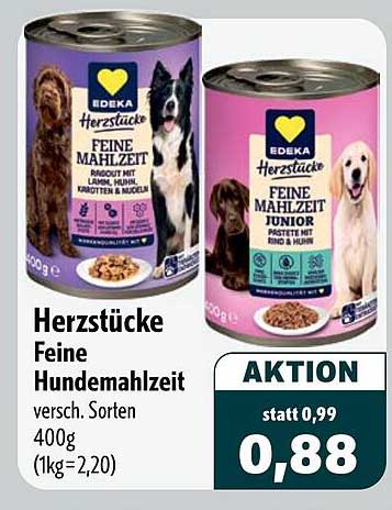 Herzstücke Feine Hundemahlzeit versc. Sorten 400g (1kg=2,20)