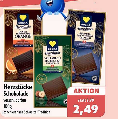 Herzstücke Schokolade versch. Sorten 100g conchiert nach Schweizer Tradition