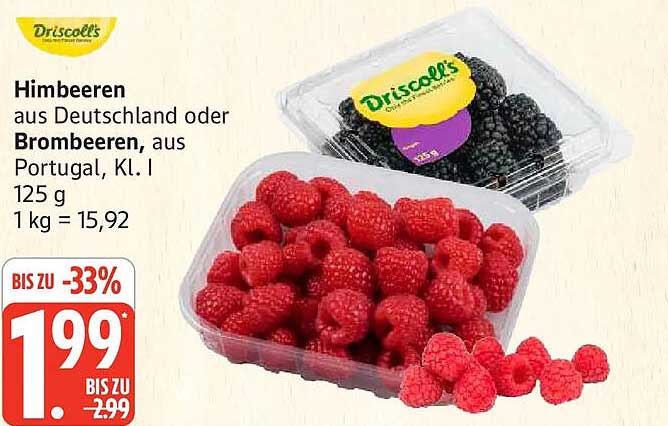 Himbeeren aus Deutschland oder Brombeeren, aus Portugal, Kl. I 125 g 1 kg = 15,92