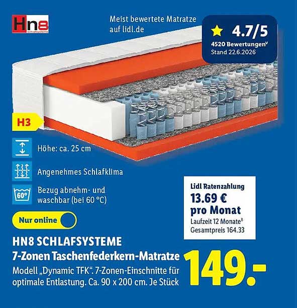 HN8 SCHLAFSYSTEME 7-Zonen Taschenfederkern-Matratze Modell „Dynamic TFK“