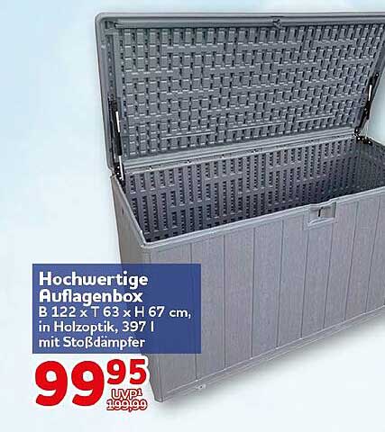 Hochwertige Auflagenbox B 122 x T 63 x H 67 cm, in Holzoptik, 397 l mit Stoßdämpfer