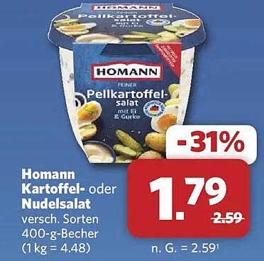 Homann Kartoffel- oder Nudelsalat verssch. Sorten 400-g-Becher (1kg = 4.48)