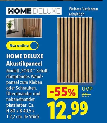 HOME DELUXE Akustikpaneel Modell „SONIC“ Schall-dämpfendes Wand-panel zum Kleben oder Schrauben. Übereinander und nebeneinander platzierbar. Ca. H 80 x B 40,5 x T 2,2 cm. Je Stück
