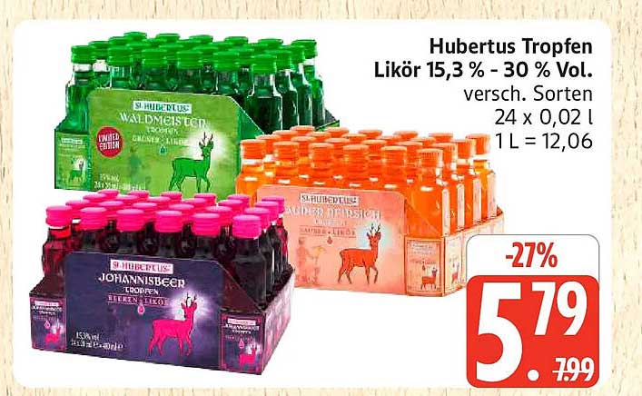 Hubertus Tropfen Likör 15,3 % - 30 % Vol. versch. Sorten 24 x 0,02 l 1 l = 12,06