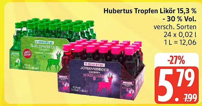Hubertus Tropfen Likör 15,3 % - 30 % Vol. versch. Sorten 24 x 0,02 l 1 L = 12,06