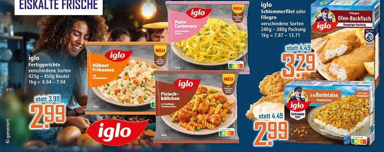 iglo Fertiggerichte verschiedene Sorten 425g – 450g Beutel 1kg = 6.64 – 7.04