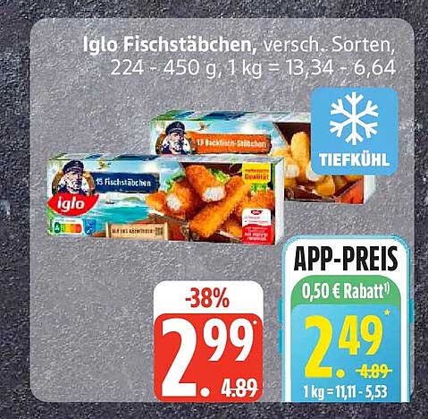Iglo Fischstäbchen, versch. Sorten, 224 - 450 g, 1 kg = 13,34 - 6,64