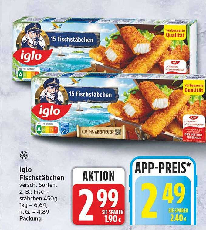 Iglo Fischstäbchen versch. Sorten, z. B.: Fischstäbchen 450g 1kg = 6,64, n. G. = 4,89 Packung