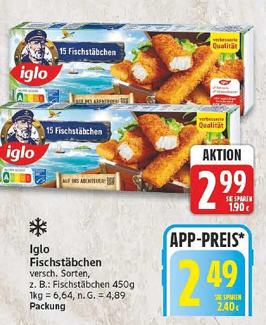 Iglo Fischstäbchen versch. Sorten, z. B. Fischstäbchen 450g 1kg = 6,98, n. G. = 4,89 Packung