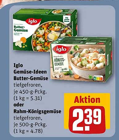 Iglo Gemüse-Ideen Butter-Gemüse tiefgefroren, je 450-g-Pckg. (1 kg = 5.31) oder Rahm-Königsgemüse tiefgefroren, je 500-g-Pckg. (1 kg = 4.78)