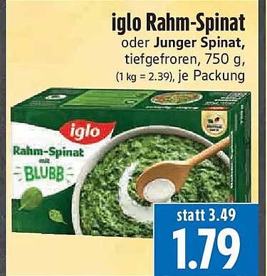 iglo Rahm-Spinat oder Junger Spinat, tiefgefroren, 750 g, (1 kg = 2.39), je Packung