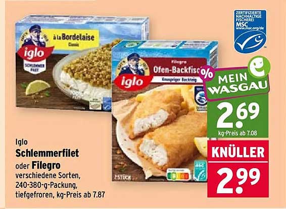 Iglo Schlemmerfilet oder Filegro verschiedene Sorten, 240-380-g-Packung, tiefgefroren, kg-Preis ab 7.87