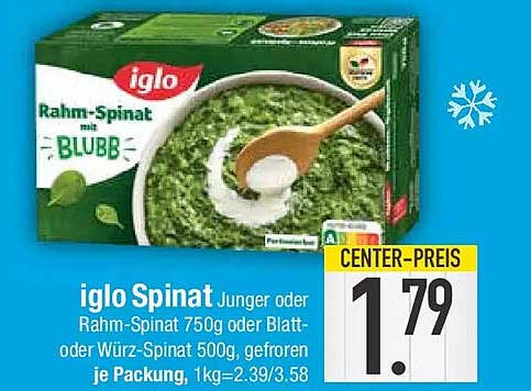 iglo Spinat Junger oder Rahm-Spinat 750g oder Blatt- oder Würz-Spinat 500g, gefroren je Packung, 1kg=2.39/3.58