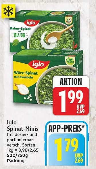 Iglo Spinat-Minis frei dosier- und portionierbar, versch. Sorten 1kg = 3,98/2,65 500/750g Packung