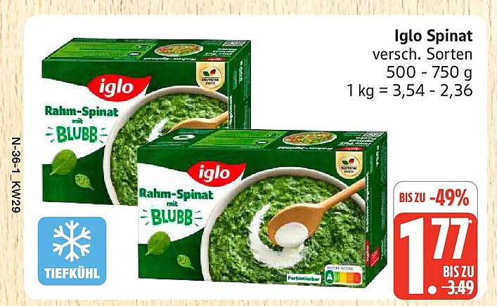 Iglo Spinat versch. Sorten 500 - 750 g 1 kg = 3,54 - 2,36