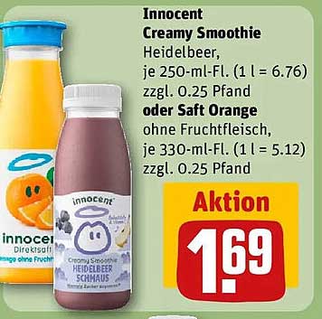 Innocent Creamy Smoothie Heidelbeer, je 250-ml-Fl. (1 l = 6.76) zzgl. 0.25 Pfand oder Saft Orange ohne Fruchtfleisch, je 330-ml-Fl. (1 l = 5.12) zzgl. 0.25 Pfand