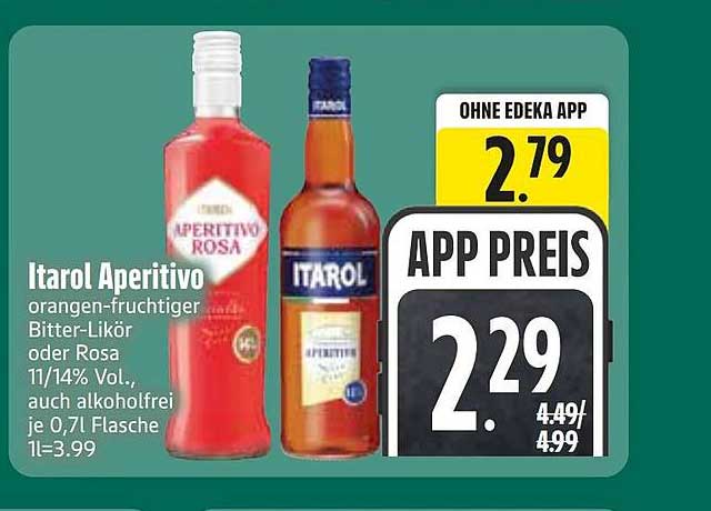 Itarol Aperitivo orangen-fruchtiger Bitter-Likör oder Rosa 11/14% Vol., auch alkoholfrei je 0,7l Flasche 1l=3.99