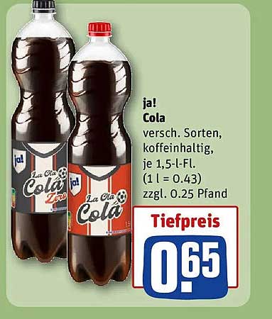 ja! Cola versch. Sorten, koffeinhaltig, je 1,5-l-Fl. (1 l = 0.43) zzgl. 0.25 Pfand