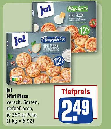 ja! Mini Pizza versch. Sorten, tiefgefroren, je 360-g-Packg. (1 kg = 6.92)