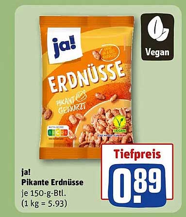 ja! Pikante Erdnüsse je 150-g-Btl. (1 kg = 5.93)