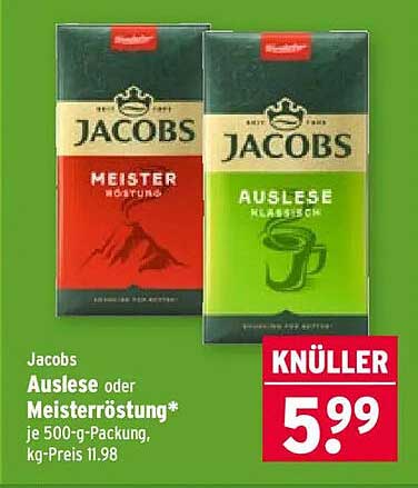 Jacobs Auslese oder Meisterröstung* je 500-g-Packung, kg-Preis 11.98