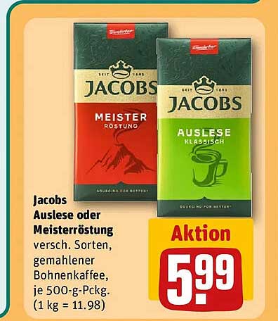 Jacobs Auslese oder Meisterröstung versch. Sorten, gemahlener Bohnenkaffee, je 500-g-Pckg. (1 kg = 11.98)