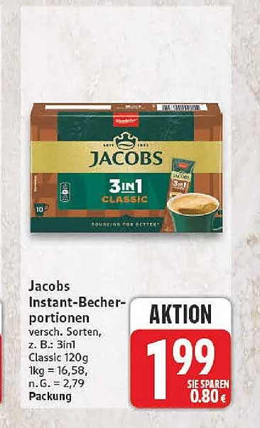 Jacobs Instant-Becherportionen versch. Sorten, z. B.: 3in1 Classic 120g 1kg = 16,58, n. G. = 2,79 Packung