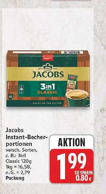 Jacobs Instant-Becherportionen versch. Sorten, z. B.: 3in1 Classic 120g 1kg = 16,58 n. G. = 2,79 Packung