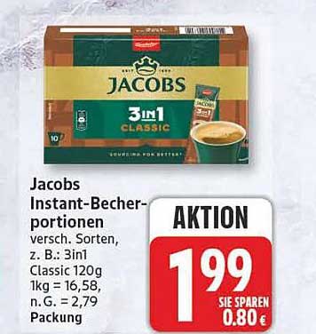 Jacobs Instant-Becherportionen versch. Sorten, z. B.: 3in1 Classic 120g 1kg = 16,58, n. G. = 2,79 Packung
