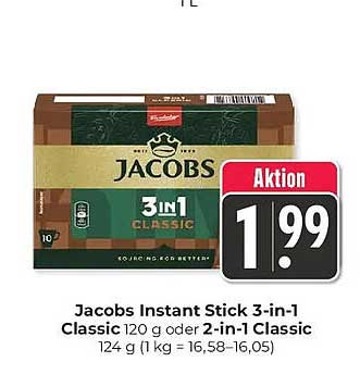 Jacobs Instant Stick 3-in-1 Classic 120 g oder 2-in-1 Classic 124 g (1 kg = 16,58–16,05)