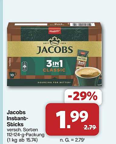 Jacobs Instant-Sticks versch. Sorten 112-124-g-Packung (1 kg ab 15.74)