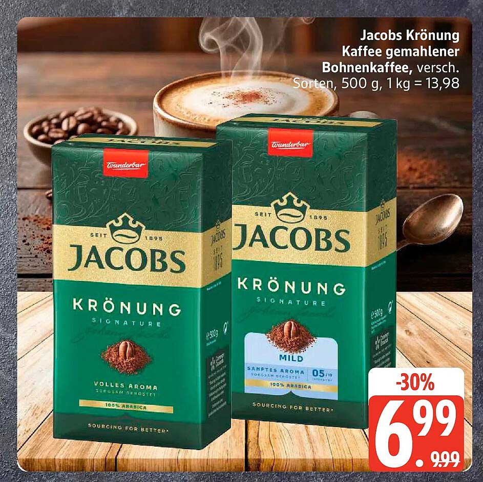 Jacobs Krönung Kaffee gemahlener Bohnenkaffee, versch. Sorten, 500 g, 1 kg = 13,98
