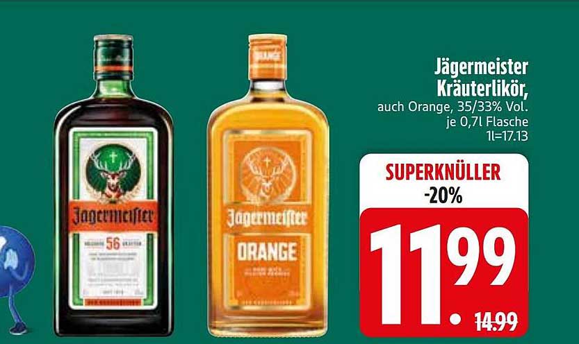 Jägermeister Kräuterlikör, auch Orange, 35/33% Vol., je 0,7 l Flasche