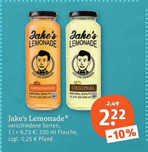 Jake's Lemonade⁸ verschiedene Sorten, 1 l = 6,73 €, 330 ml Flasche, zzgl. 0,25 € Pfand
