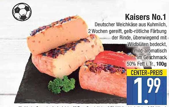 Kaisers No.1 Deutscher Weichkäse aus Kuhmilch, 2 Wochen gereift, gelb-rötliche Färbung der Rinde, überwiegend mit Wildblüten bedeckt, mild-aromatisch im Geschmack, 50% Fett i. Tr., 100g