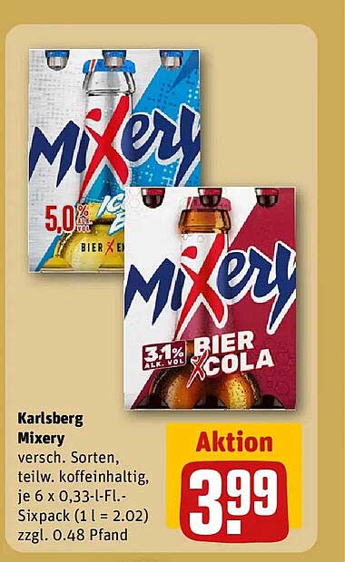 Karlsberg Mixery versch. Sorten, teilw. koffeinhaltig, je 6 x 0,33-l-Fl.-Sixpack (1 l = 2.02) zzgl. 0.48 Pfand