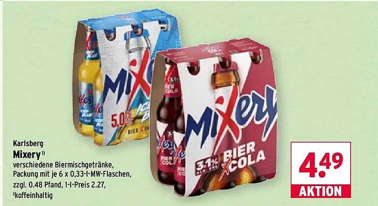 Karlsberg Mixery¹ verschiedene Biermischgetränke, Packung mit je 6 x 0,33-l-MW-Flaschen, zzgl. 0.48 Pfand, 1-l-Preis 2.27, *offenheit