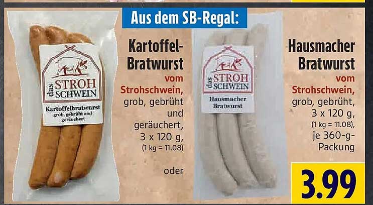 Kartoffel-Bratwurst vom Strohschwein, grob, gebrüht und geräuchert, 3 x 120 g, (1 kg = 11.08)