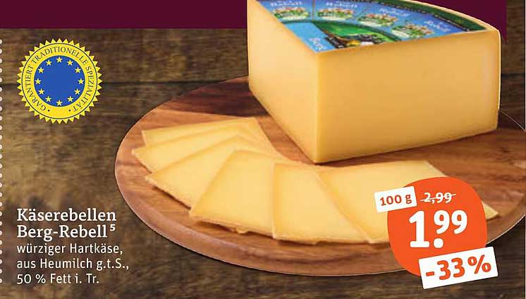 Käserebellen Berg-Rebell würziger Hartkäse, aus Heumilch g.t.S., 50 % Fett i. Tr.