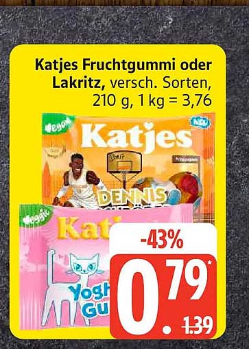 Katjes Fruchtgummi oder Lakritz, versch. Sorten, 210 g, 1 kg = 3,76