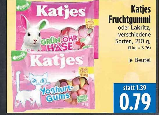 Katjes Fruchtgummi oder Lakritz, verschiedene Sorten, 210 g, (1 kg = 3.76) je Beutel