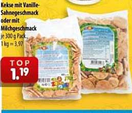 Kekse mit Vanille-Sahnegeschmack oder mit Milchgeschmack je 300 g Pack.