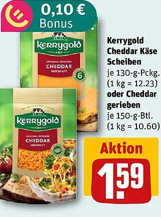 Kerrygold Cheddar Käse Scheiben je 130-g-Pack. (1 kg = 12.23) oder Cheddar gerieben je 150-g-Btl. (1 kg = 10.60)
