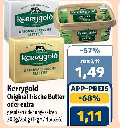 Kerrygold Original Irische Butter oder extra gesalzen oder ungesalzen 200g/250g (1kg=7,45/5,96)