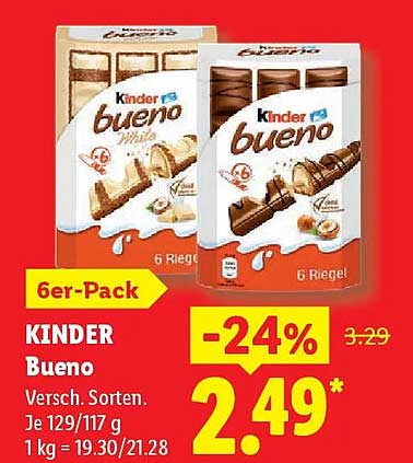 KINDER Bueno Versch. Sorten. Je 129/117 g 1 kg = 19.30/21.28