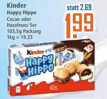 Kinder Happy Hippo Cacao oder Haselnuss 5er 103,5g Packung 1kg = 19.23
